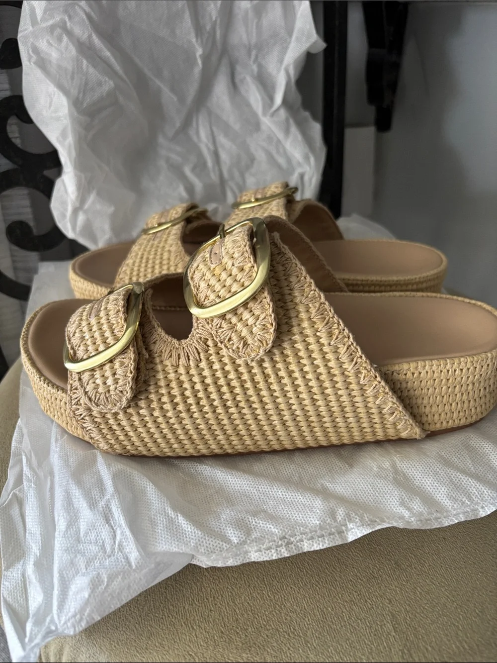 NWOT Neutral Woven Double-Buckle Slide Sandals - Beige